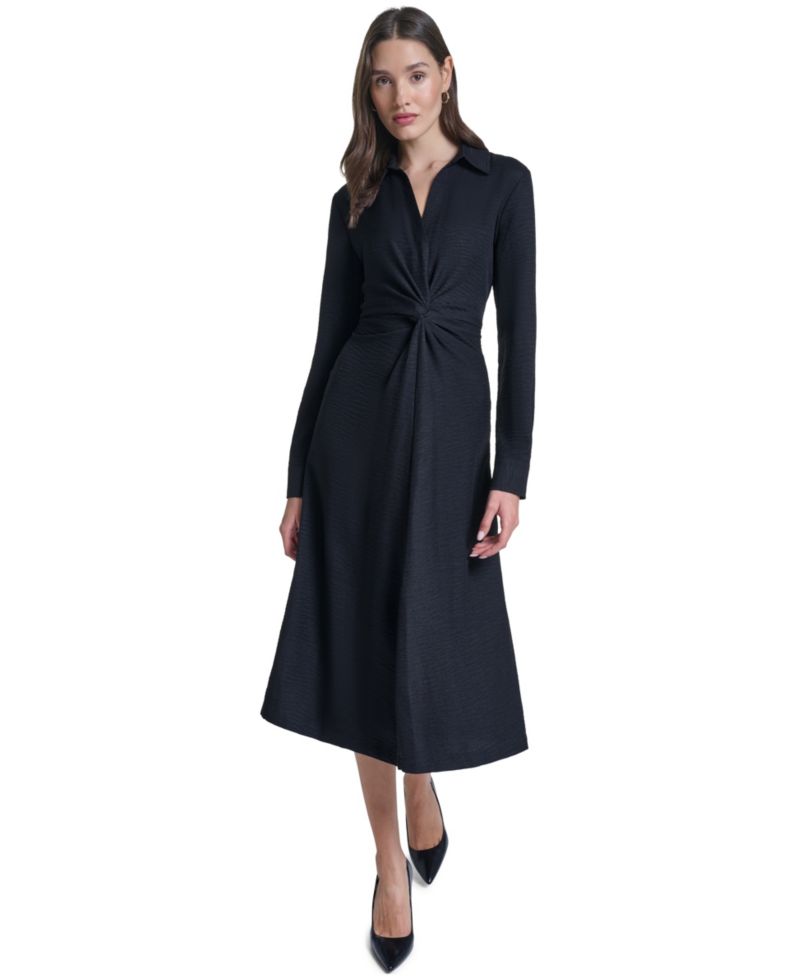 Women's Collared V-Neck Front-Twist Midi Dress
