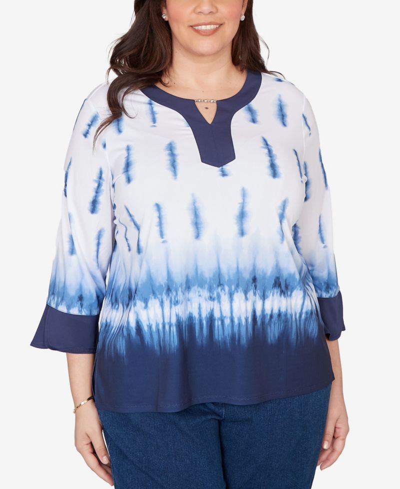 Plus Size Classic Tie Dye Border Split Neck Top