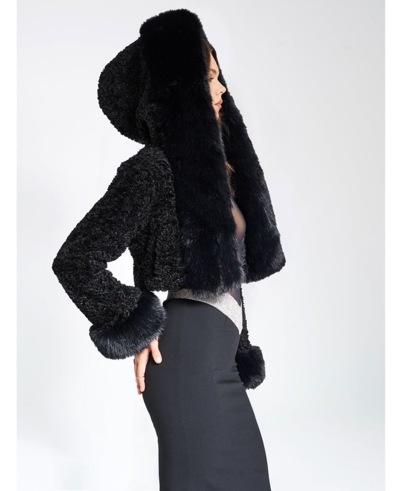 Women's Kali Black Cropped Faux Fur Jacket With Hood