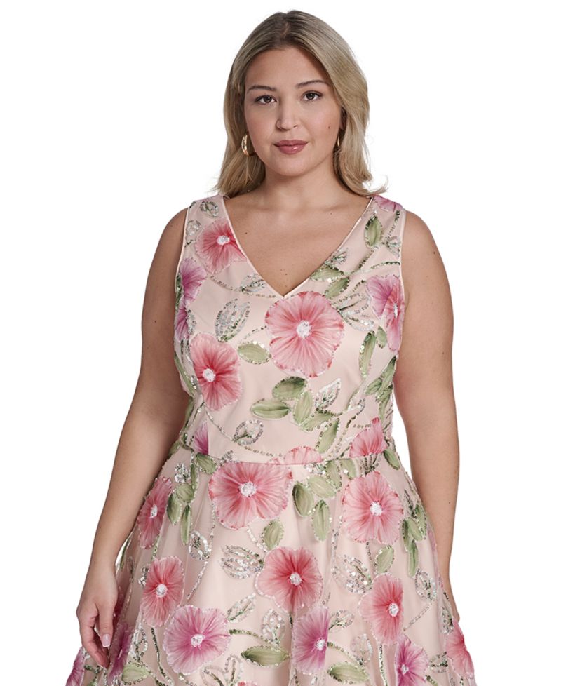 Plus Size Polyester-Blend V-Neck Sleeveless Midi Dress