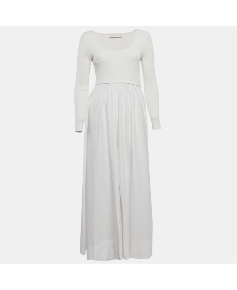 Women's Rib Knit And Poplin Scoop Neck Long Dress
