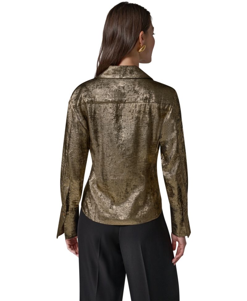 Petite Long-Sleeve Point-Collar Pointy-Asymmetrical-Hem Blouse