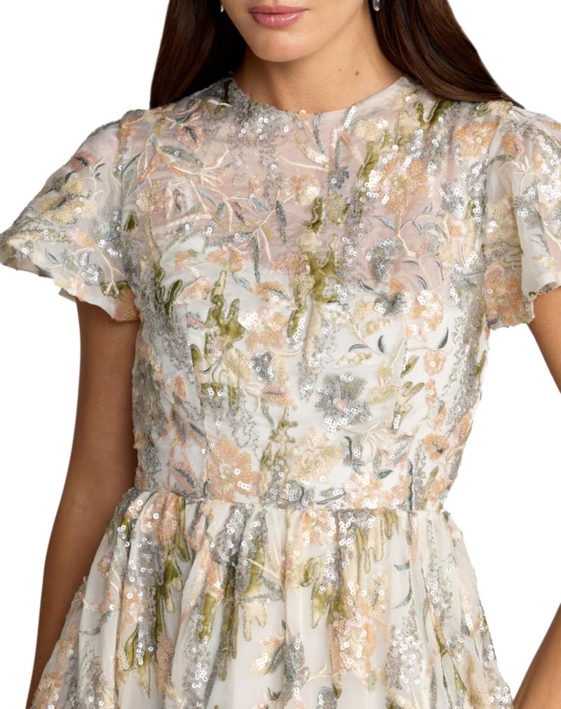 Women's Multicolor Flutter Sleeve Sequin A-Line Midi Dress