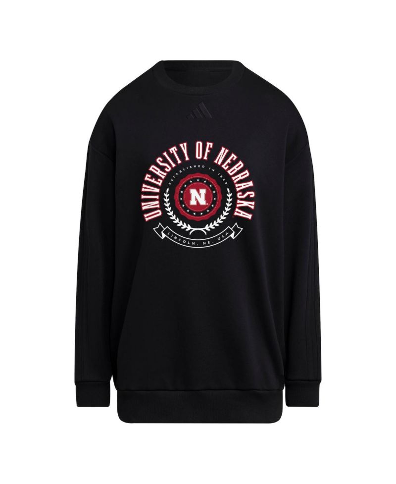 Women's Black Nebraska Huskers Oversized Crewneck Pullover Sweatshirt