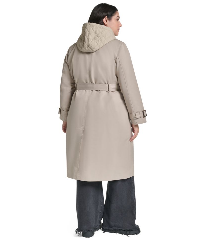 Plus Size Hooded Double-Breasted Belted Coat