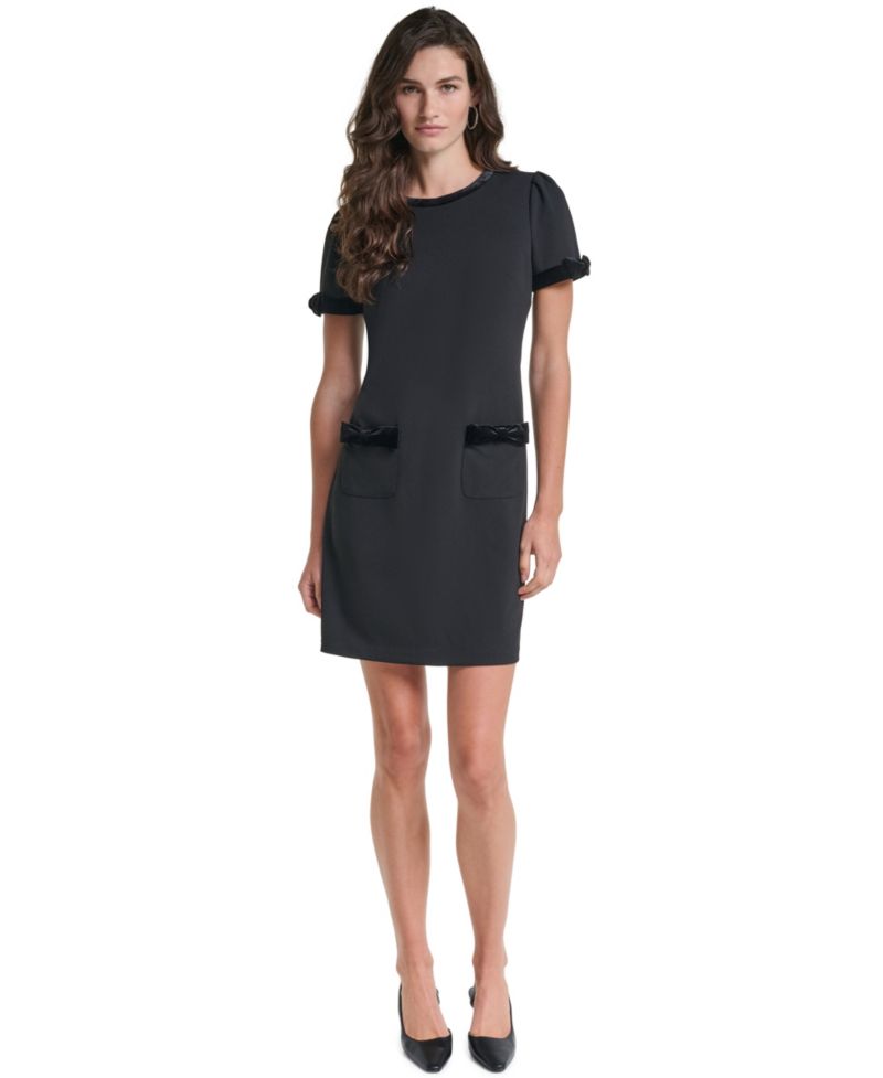 Women's Scuba-Crepe Velvet-Trimmed Shift Dress With Pockets