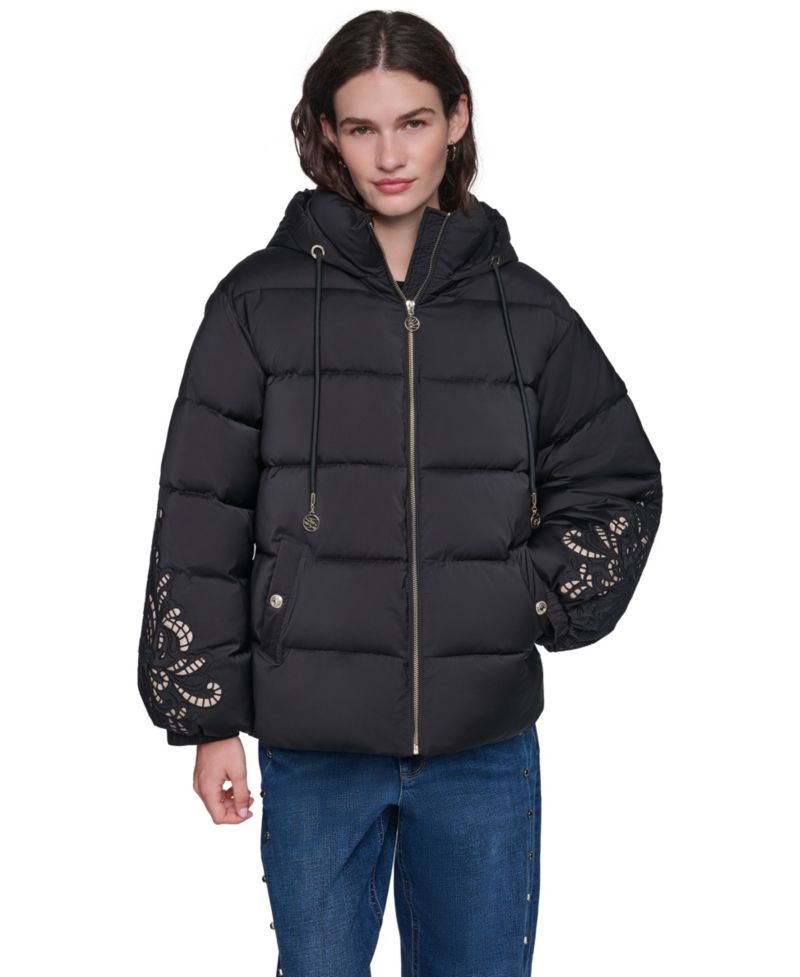 Women's Floral-Embroidered Short Hooded Puffer Jacket