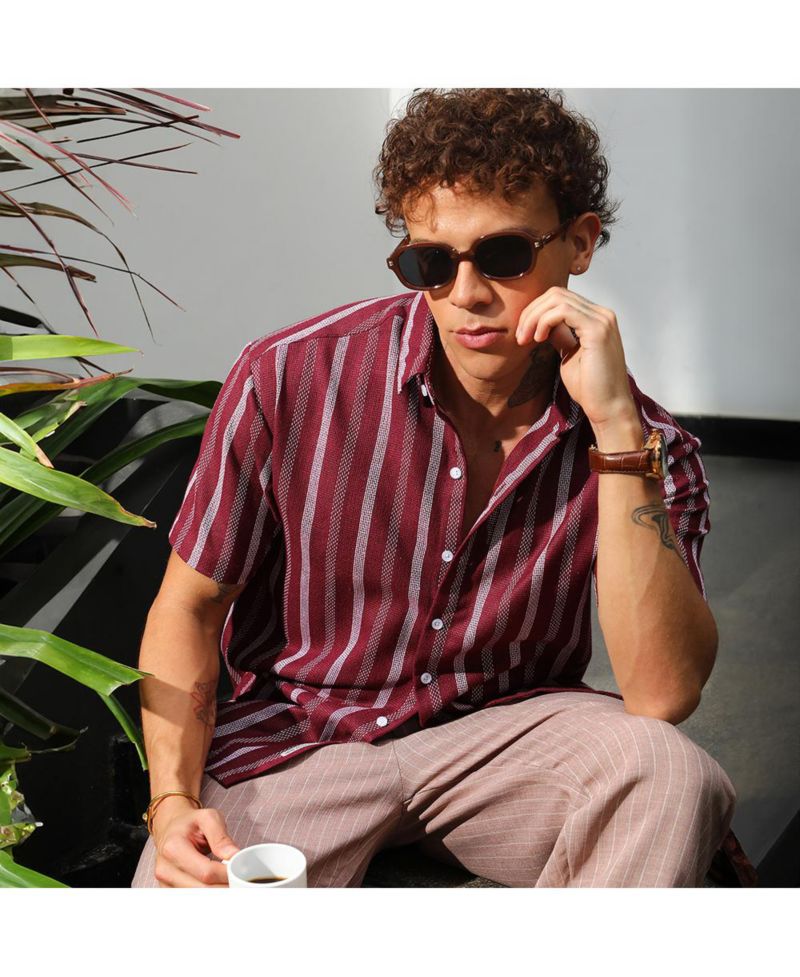 Men's Maroon Red Pencil Striped Shirt