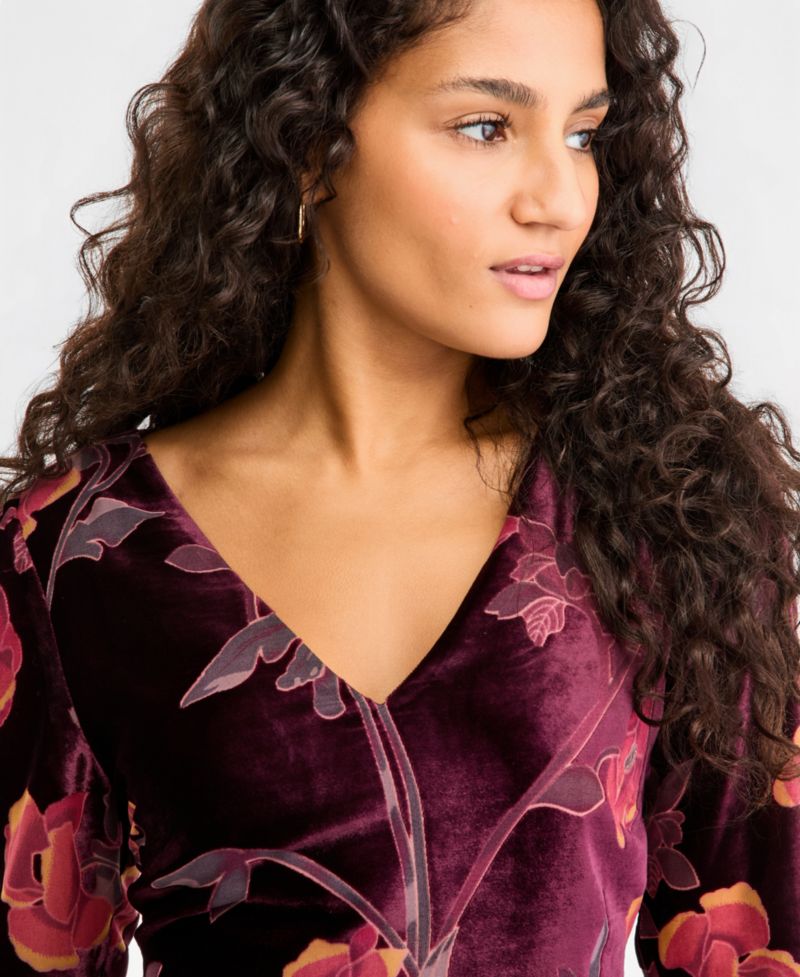 Women's Burnout Velvet Floral-Print Bell Sleeve Mini Dress