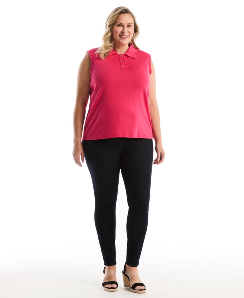 Plus Size Ruffle Trim Sleeveless Polo Shirt