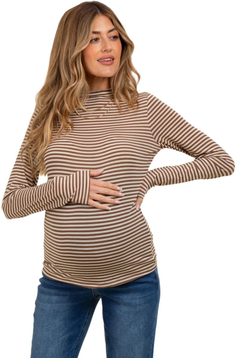Women's Mocha Striped High Neck Long Sleeve Top