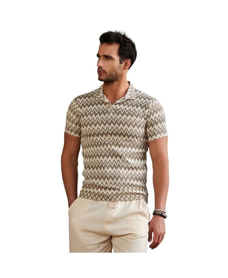 Men's French Beige and Off White Zig-Zag Knit Polo T-Shirt