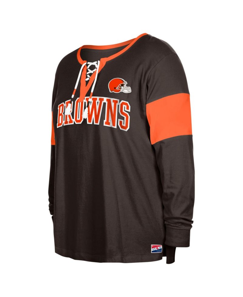 Women's Brown Cleveland Browns Plus Size Lace-Up Notch Neck Long Sleeve T-Shirt