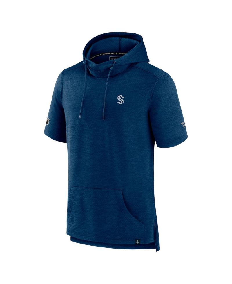 Men's Heather Deep Sea Blue Seattle Kraken Authentic Pro Short Sleeve Pullover Hoodie