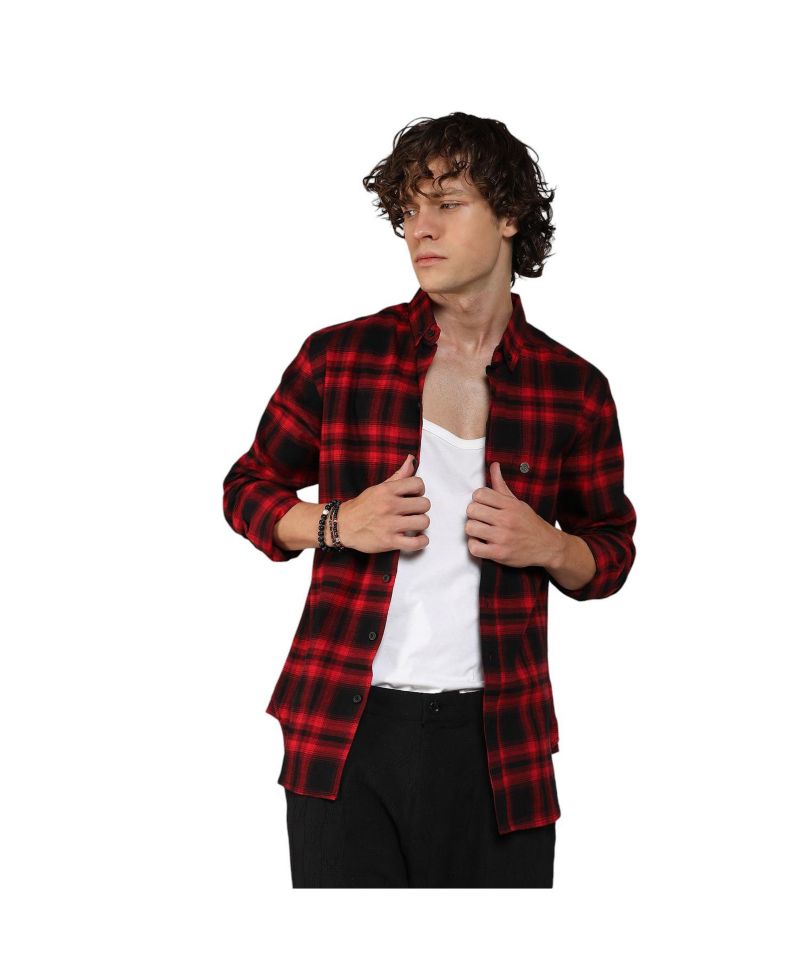Men's Midnight Black & Scarlet Red Brushed Buffalo Check Shirt