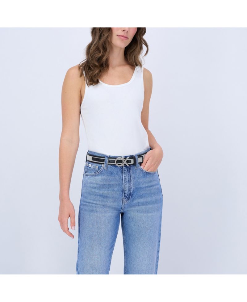 Women's Woven Inlay Leather Belt with Puff CK Monogram Buckle Belt