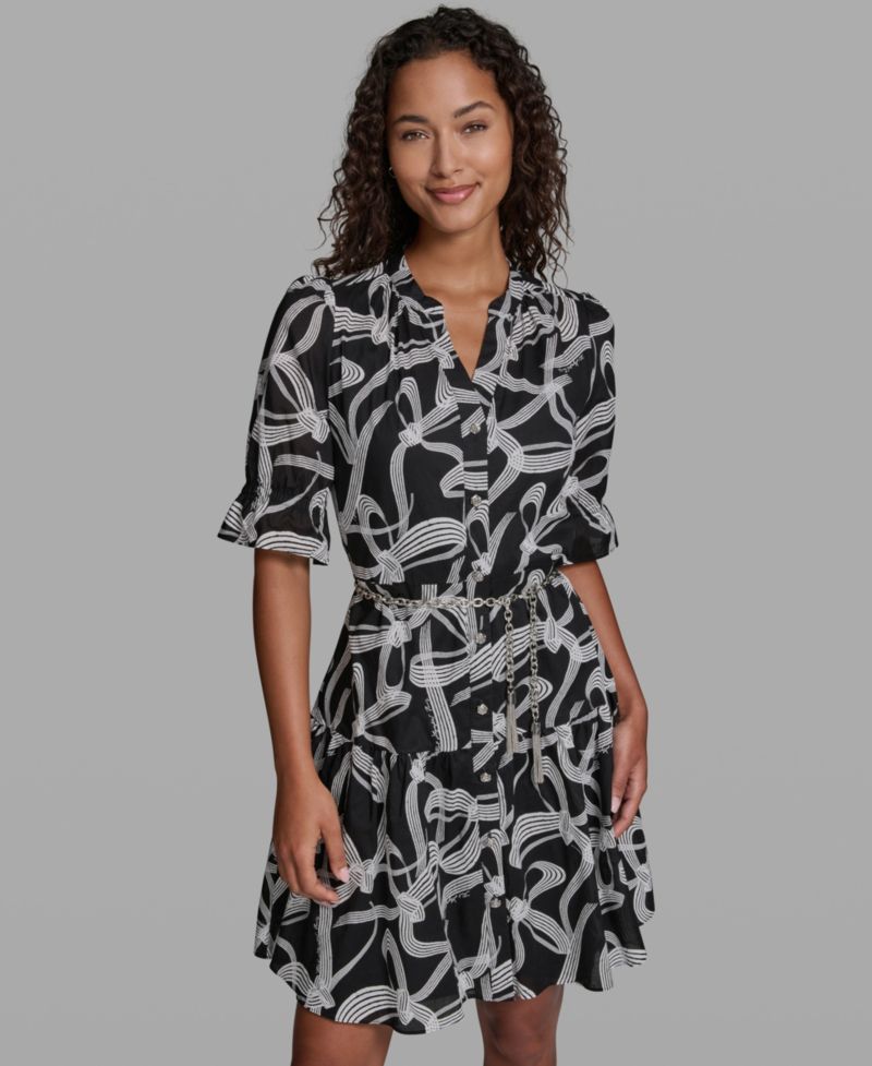 Women's Printed Belt Collared Dress