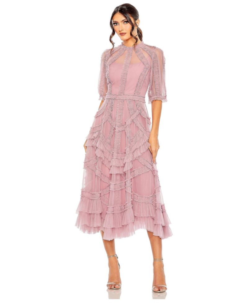 Women's High Neck Puff Sleeve Ruffle Tiered Dress