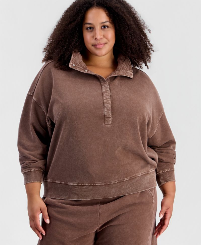 Petite Snap Henley Fleece French Terry Mock Neck Sweatshirt