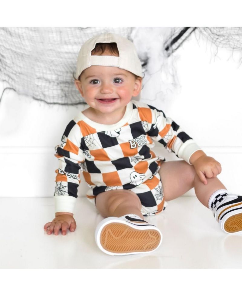 Baby Boys Boo Checkered Halloween Long Sleeve Romper