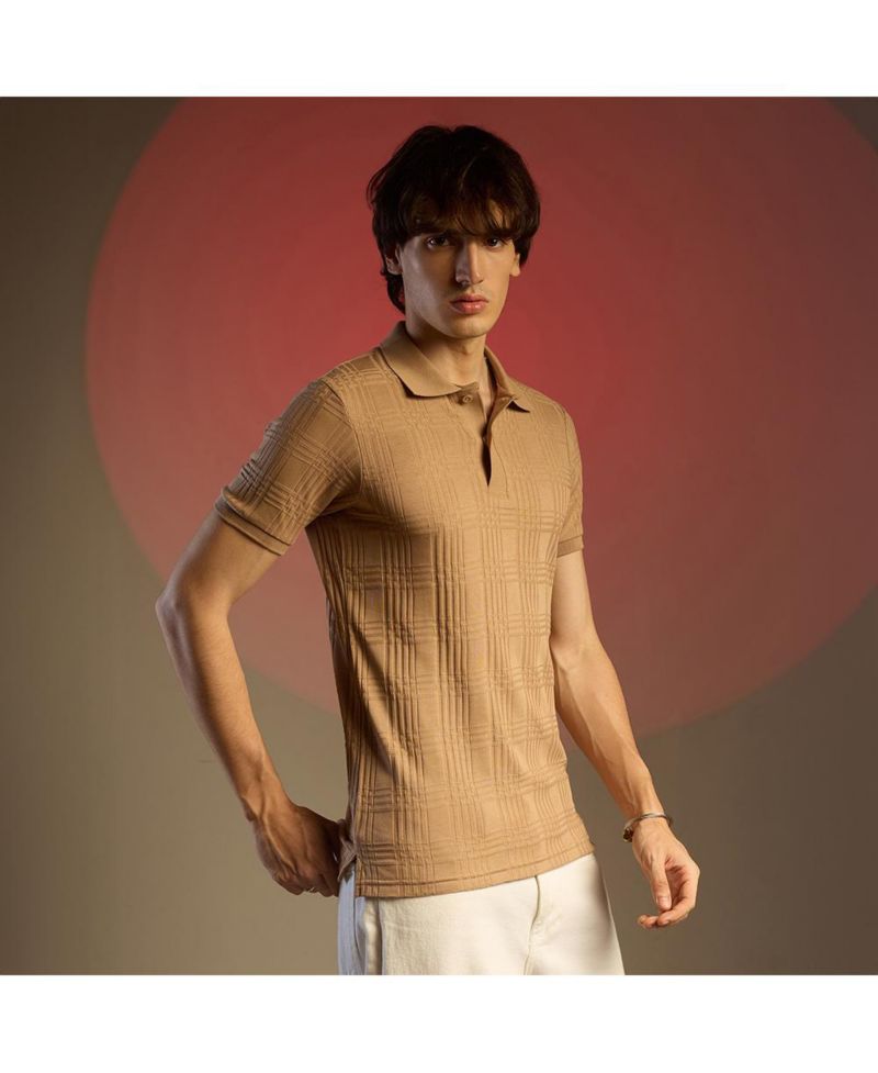 Men's Buff Beige Intertwine-Textured Polo T-Shirt