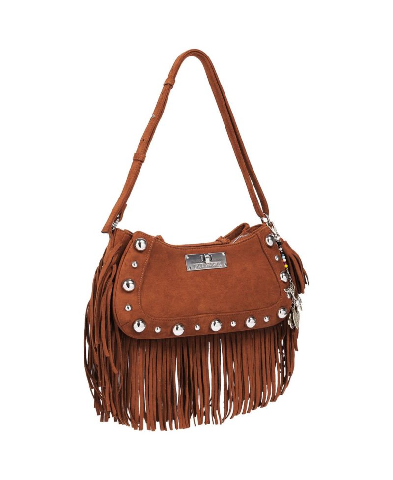 Vintage Dangle Fringe Hobo Bag with Studded Trim and Charm Accents