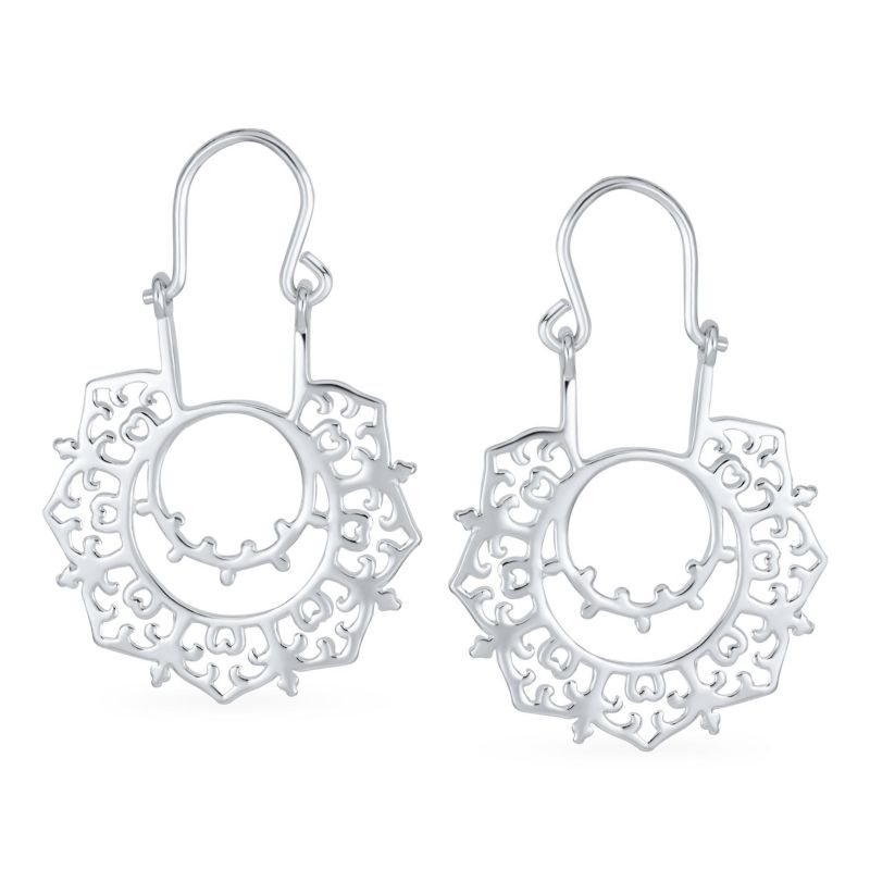 Indian Style Filigree Mandala Sanskrit Statement Earrings Sterling Silver