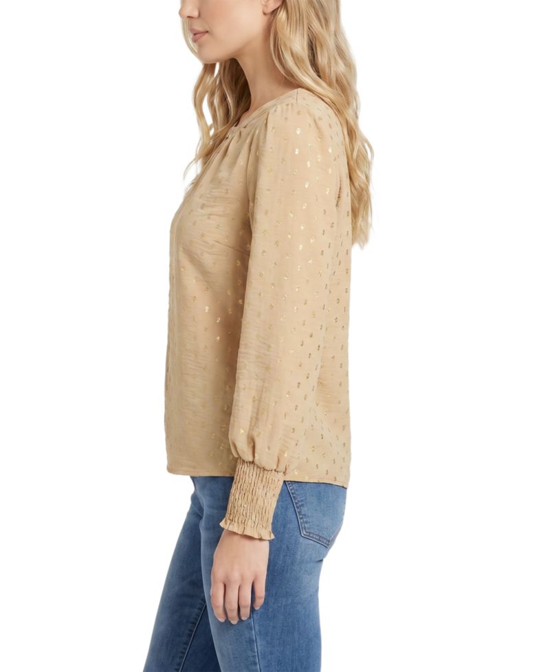 Women's Metallic Dots Smocked Cuffs V-Neck Blouse
