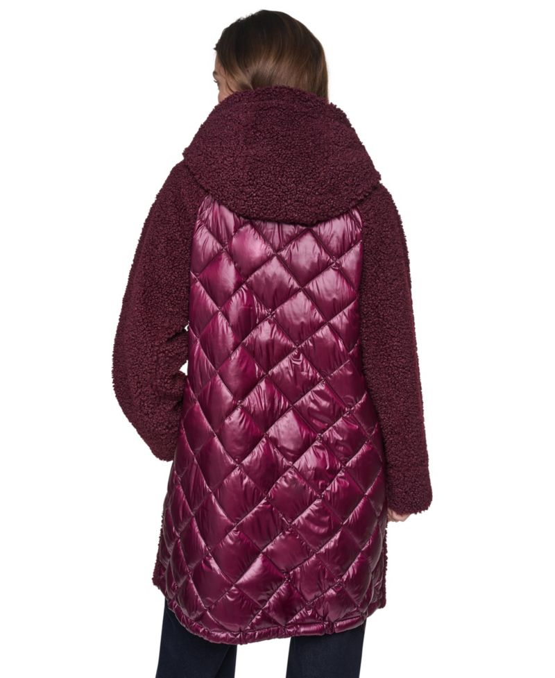 Women's Faux-Sherpa Mix Media Hooded Jacket With Cire Diamond-Quilted Back