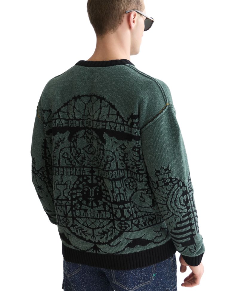 Men's Chenille Jacquard Wool-Blend Dropped Shoulder Crewneck Sweater