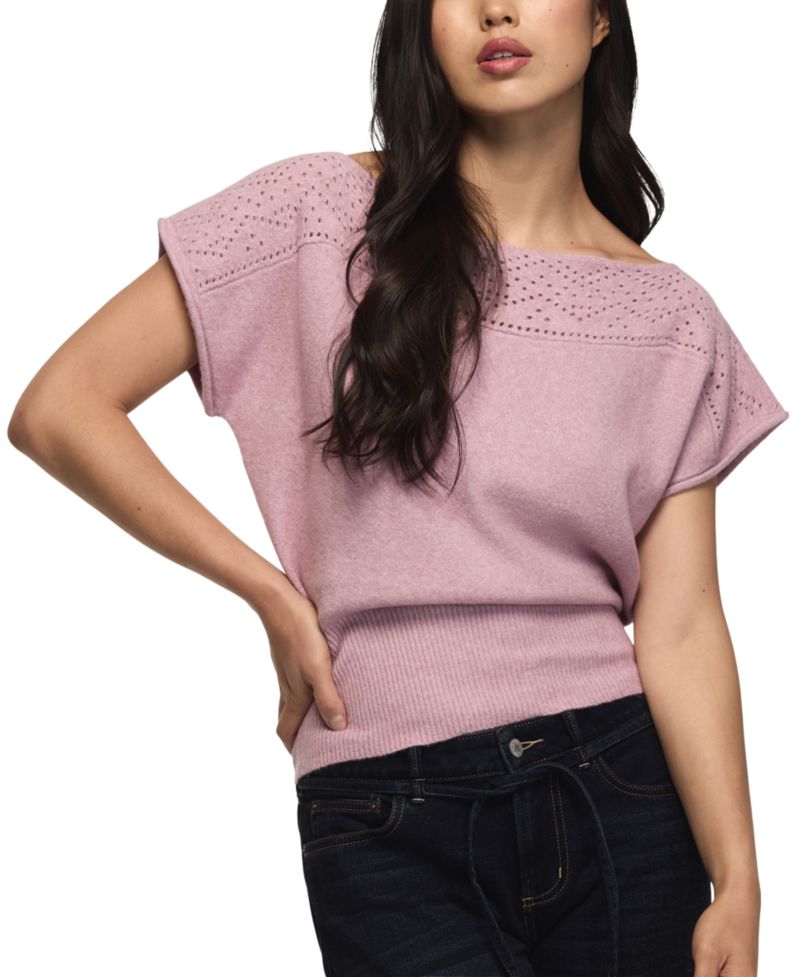 Women's Pointelle Boat Neck Short-Sleeve Sweater