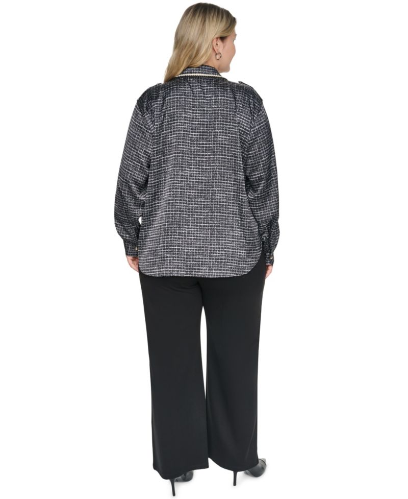 Plus Size Tweed Print Collared Long-Sleeve Top