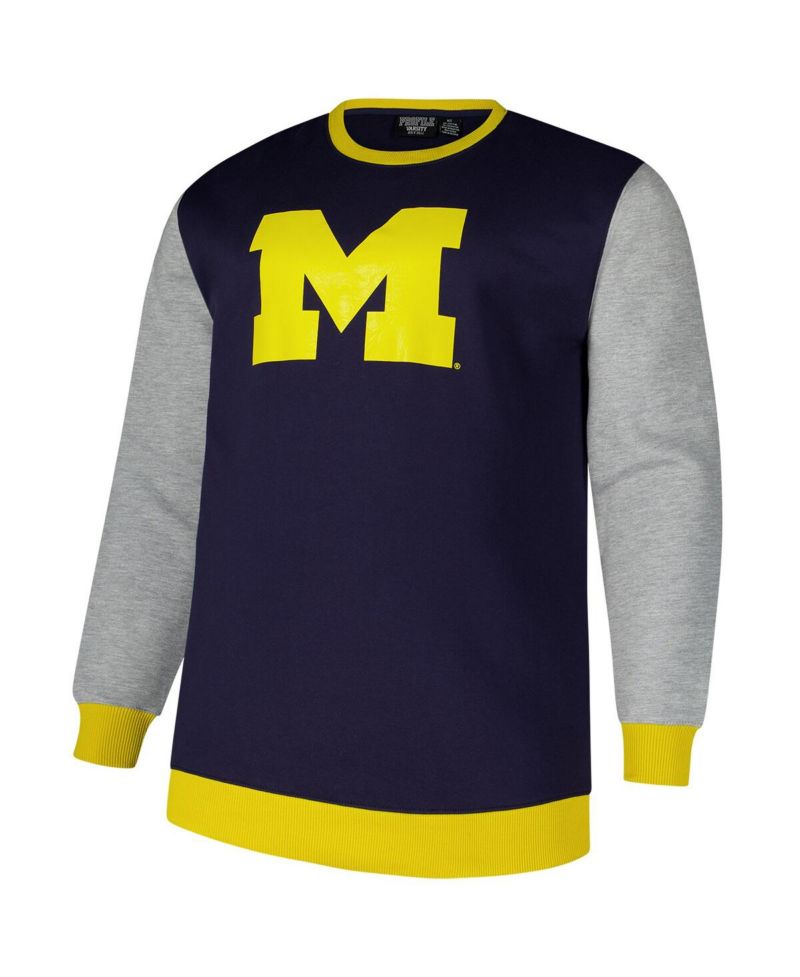 Men's Navy Michigan Wolverines Contrast Sleeve Large Chest Big & Tall Pullover Sweatshirt