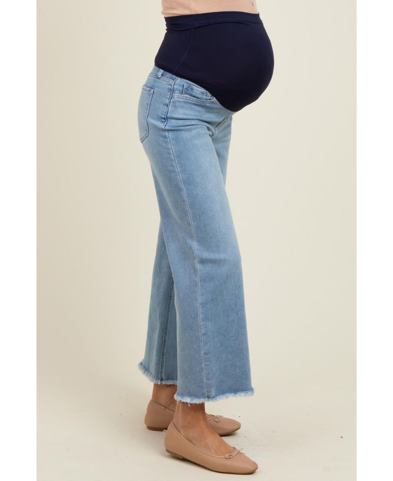 Maternity Blue Fringe Hem Ankle Wide Leg Jeans