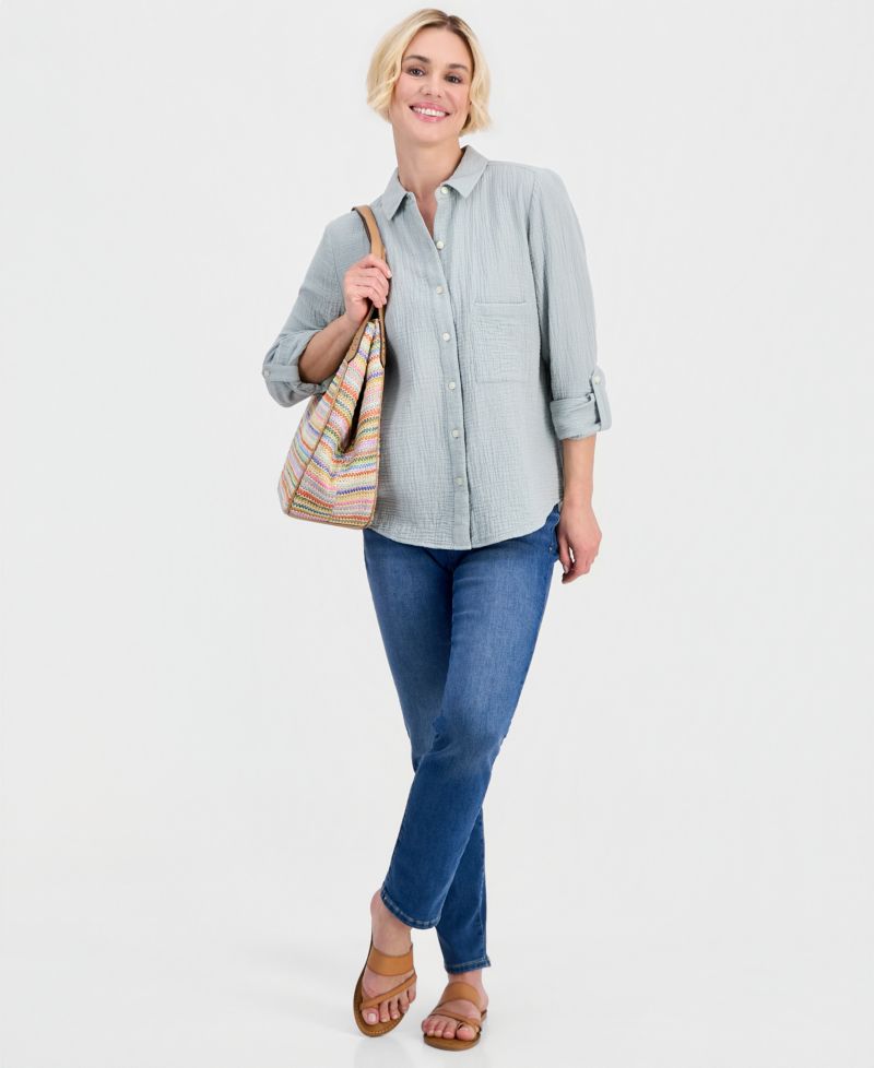 Petite Perfect Button-Front Roll-Tab Cotton Shirt