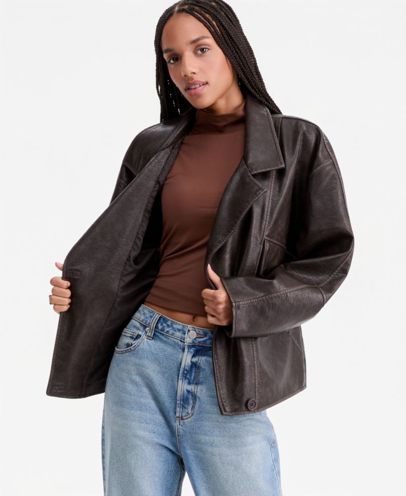 Women's Asymmetric-Button-Front Faux-Leather Coat