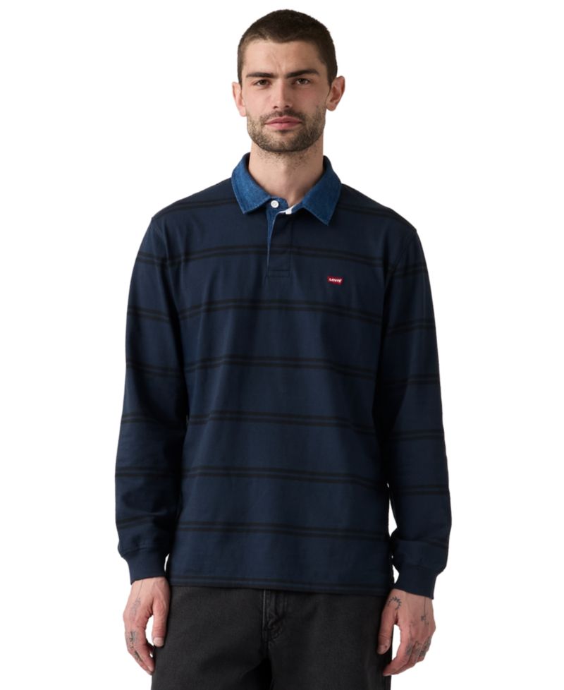 Men's Relaxed-Fit Long Sleeve Striped Rugby Shirt