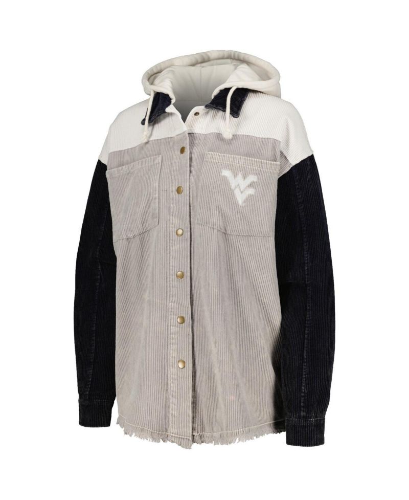 Women's Gray/Navy West Virginia Mountaineers Vintage Wash Corduroy Full-Snap Hooded Shacket