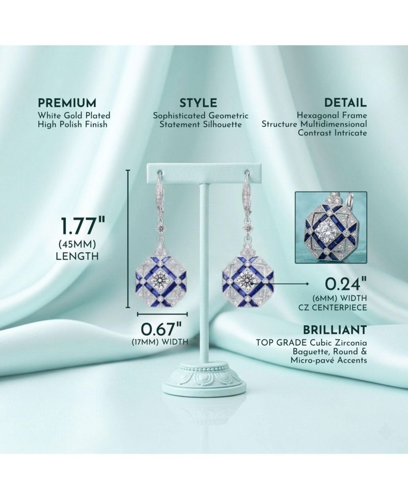 White Gold Plated Geometric CZ Statement Drop Earrings
