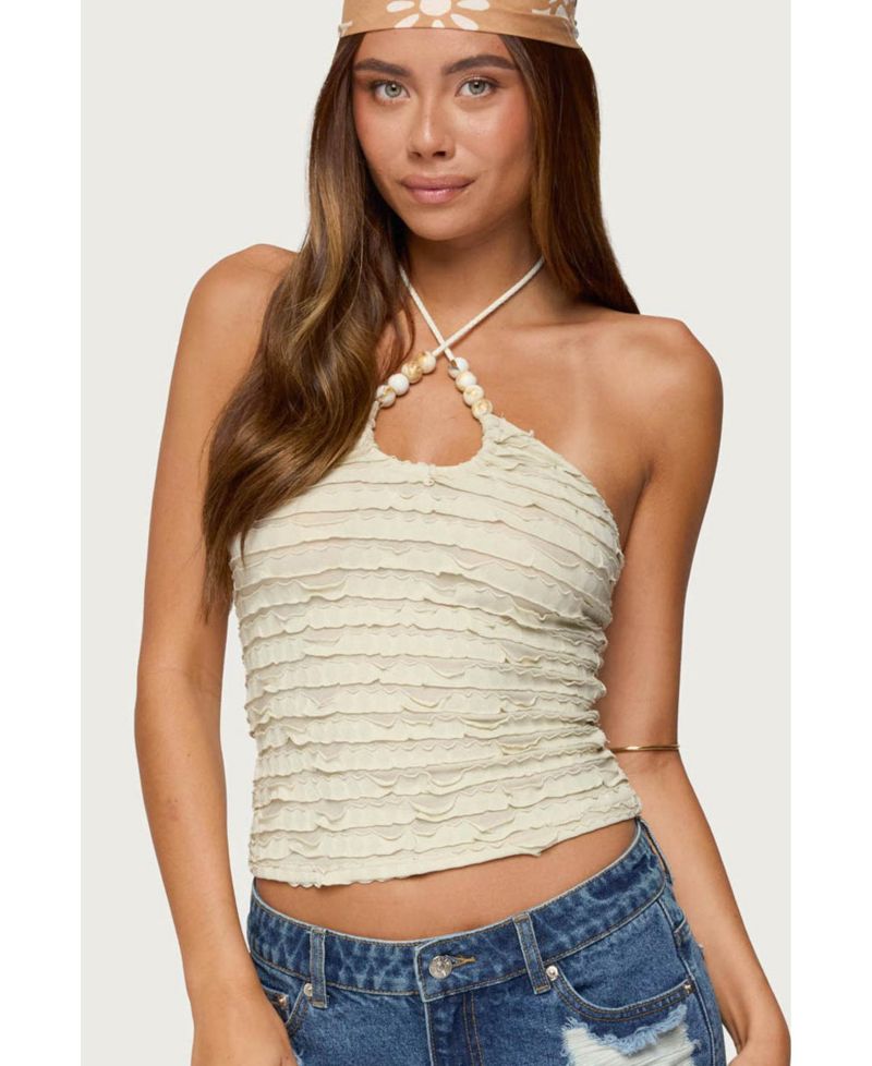 Women's Criss Cross Bead Ruffled Halter Top