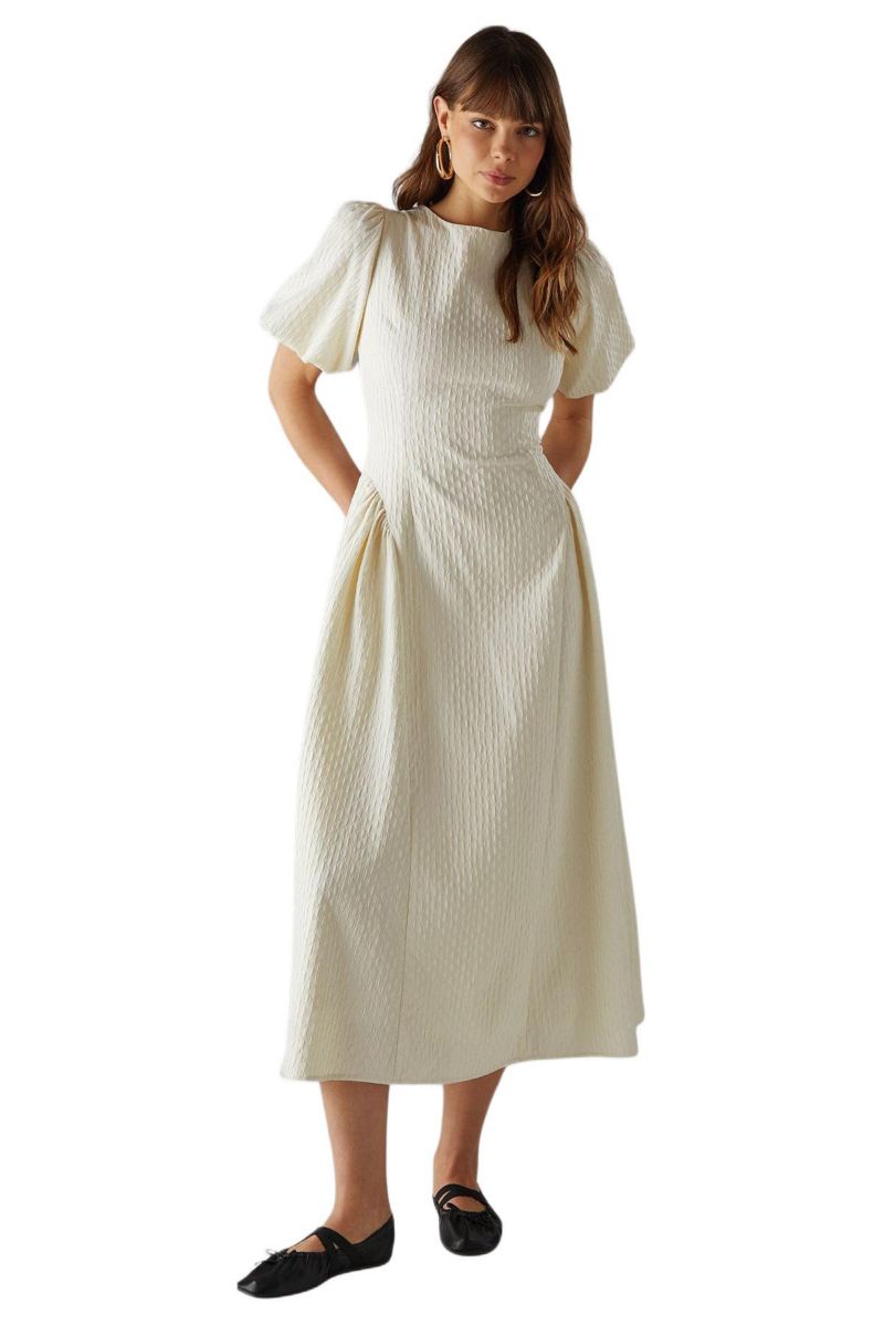 Women's Seersucker Puff Sleeve Midi Dress