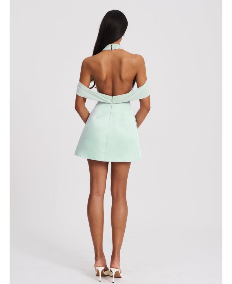 Women's Zafrina Light Cyan Halter Off-shoulder Backless Mini Dress