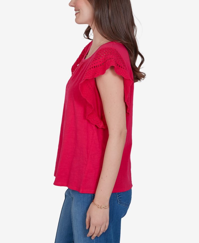 Petite Crochet-Sleeve Solid Cotton Blouse
