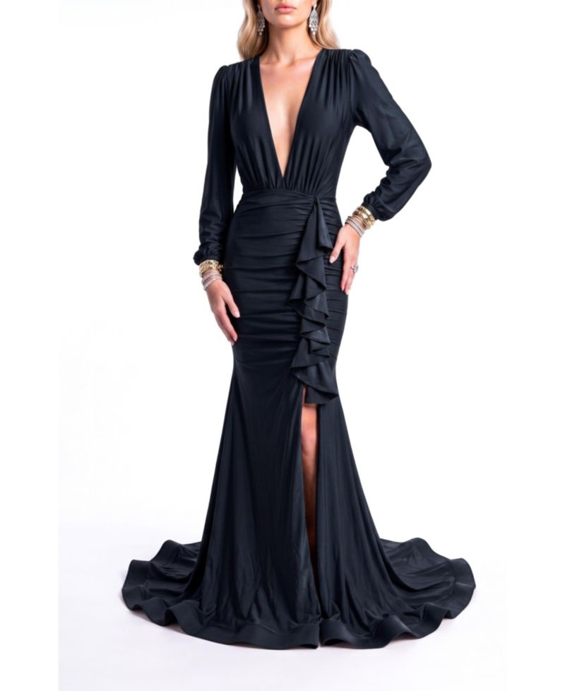 Women's Plunging V-Neck Long-Sleeve Mermaid Gown