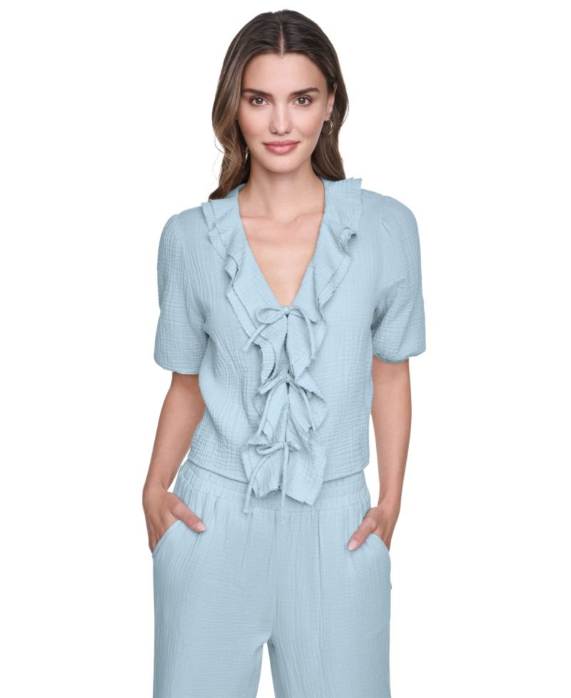 Women's V-Neck Short Puff-Sleeve Tie-Front Shirt