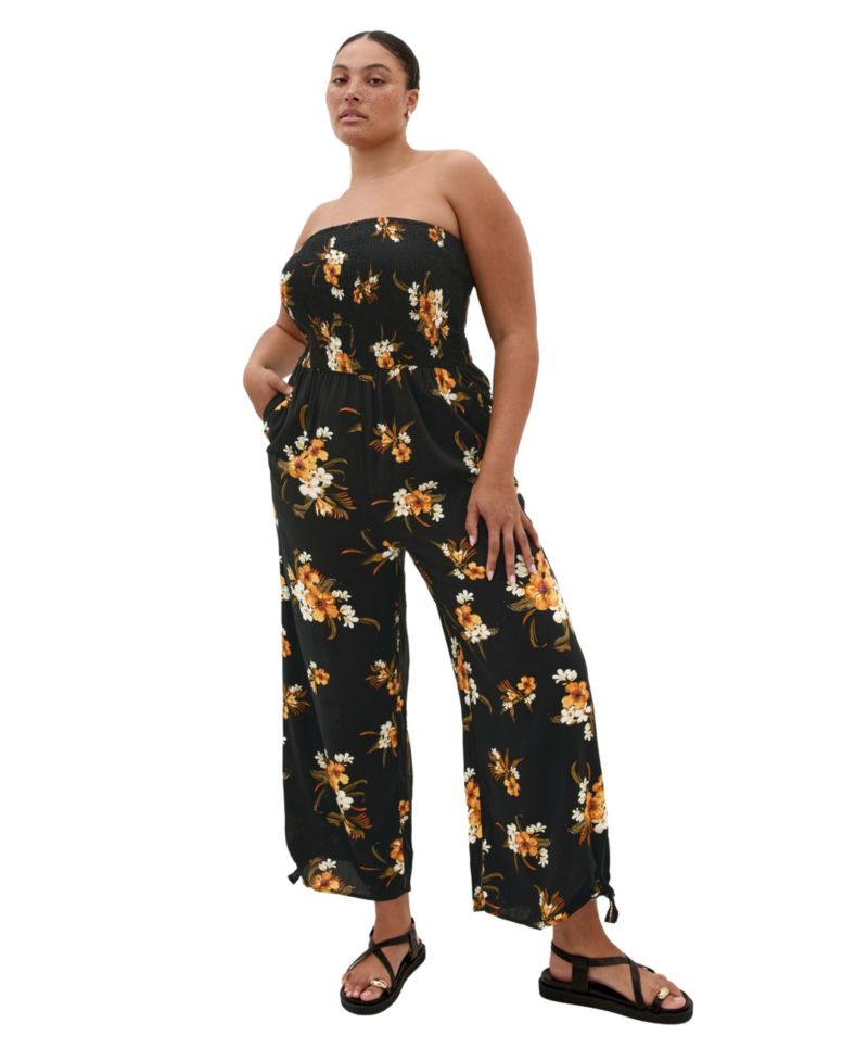 Plus Size Aruba Print Strapless Wide-Leg Jumpsuit