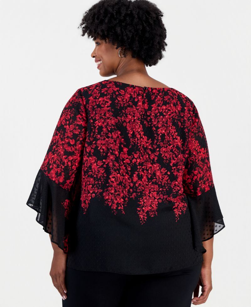 Plus Size Floral-Print Boat-Neck Ruffle-Sleeve Blouse