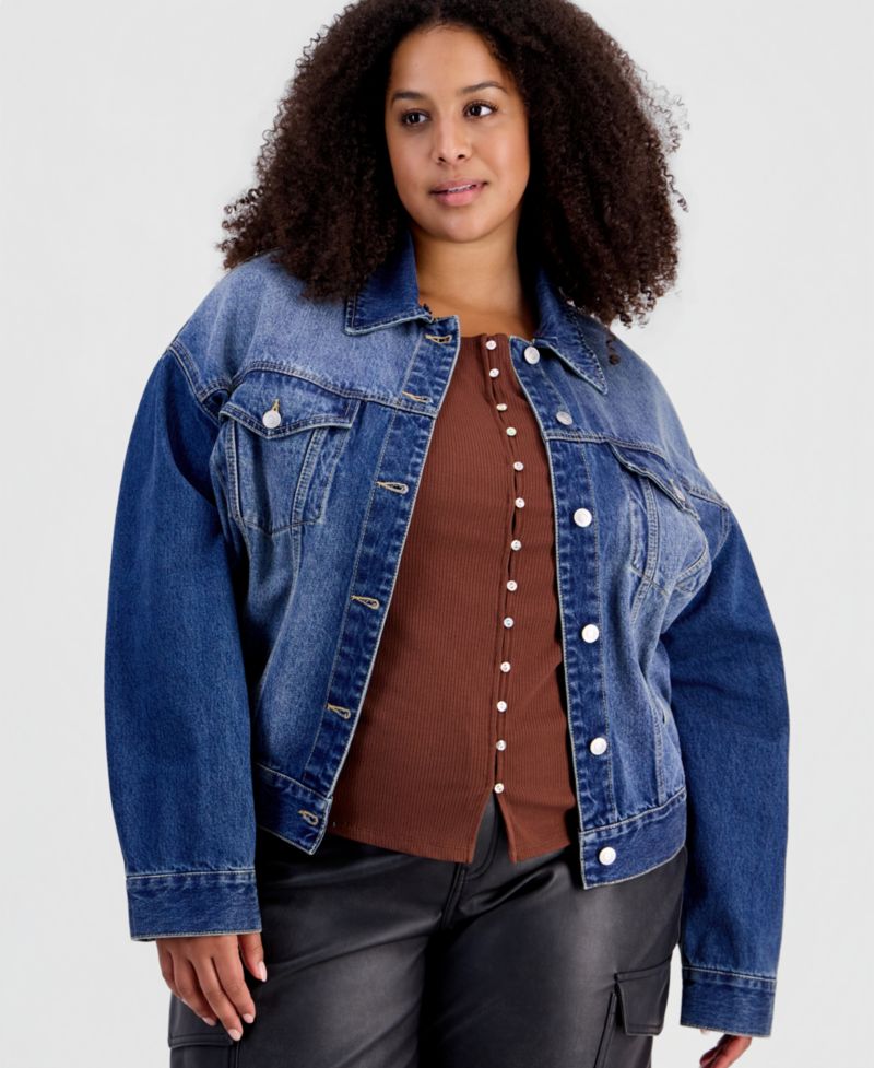 Plus Size Removable Faux-Fur Collar Denim Cropped Jacket
