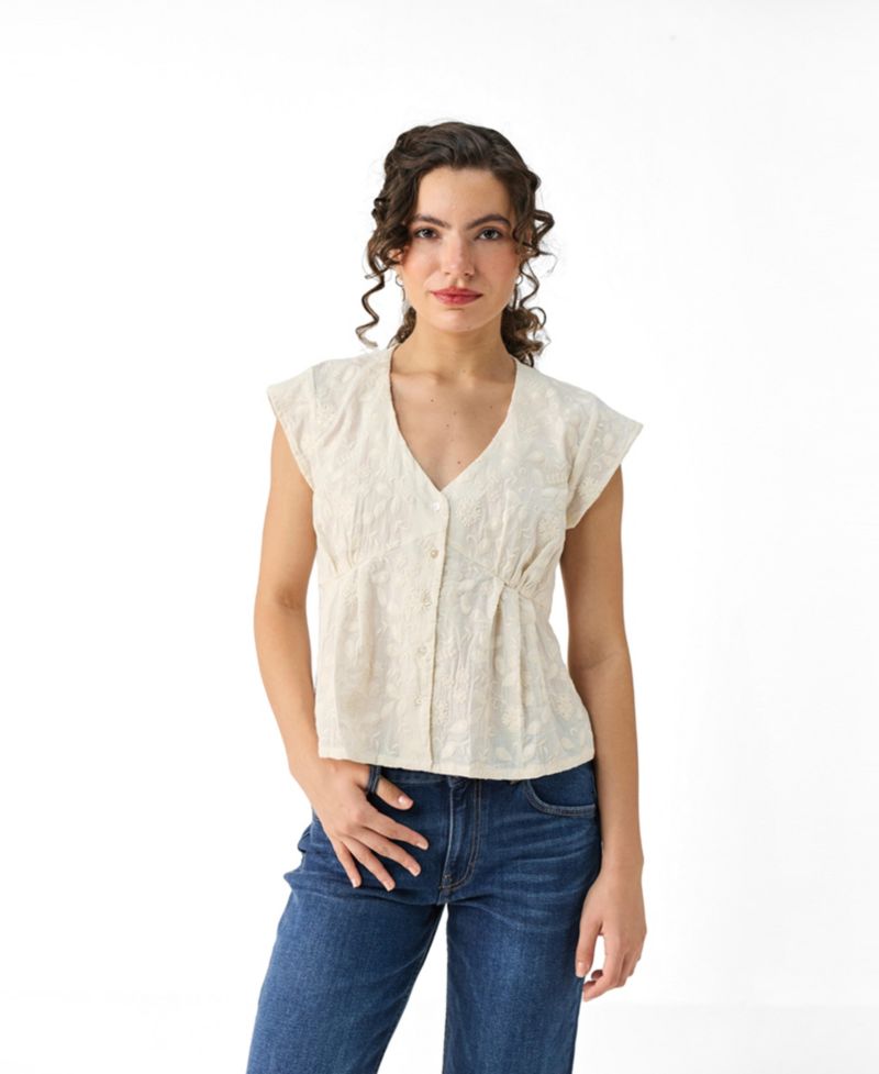 Women's Cream Embroidered Deep V-Neck Top