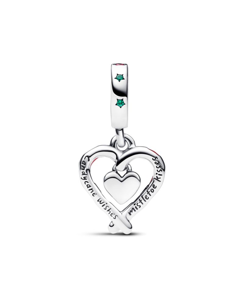 Cubic Zirconia Double Candy Cane Heart Christmas Dangle Charm